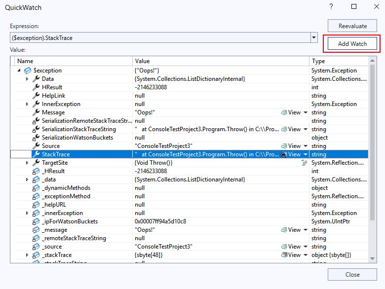 选中的 Exception.StackTrace,Add Watch 按钮在 QuickWatch 中高亮显示