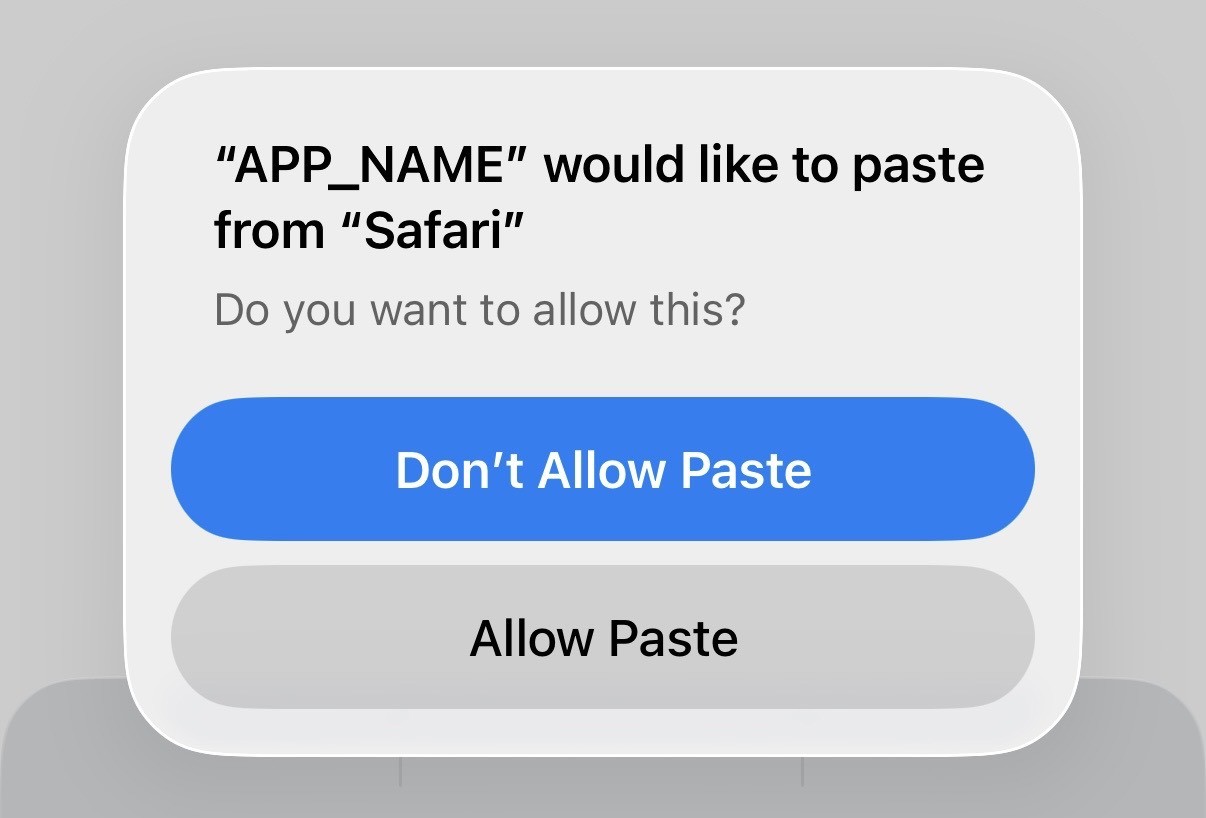 "APP_NAME" 想要从 "Safari" 粘贴 您要允许吗? 不允许粘贴 允许粘贴