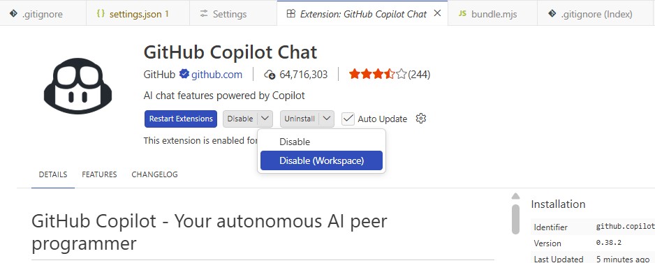 Disable Copilot in the Workspace from the extensions panel