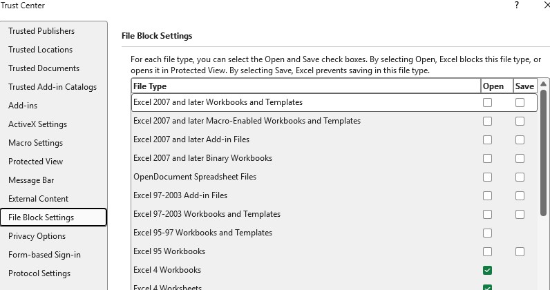 Excel 信任中心的文件阻止设置