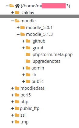 目录列表显示 moodle 文件夹包含 moodle_5.0.1 和 moodle_5.1.3,后者包含一个 public 子文件夹。