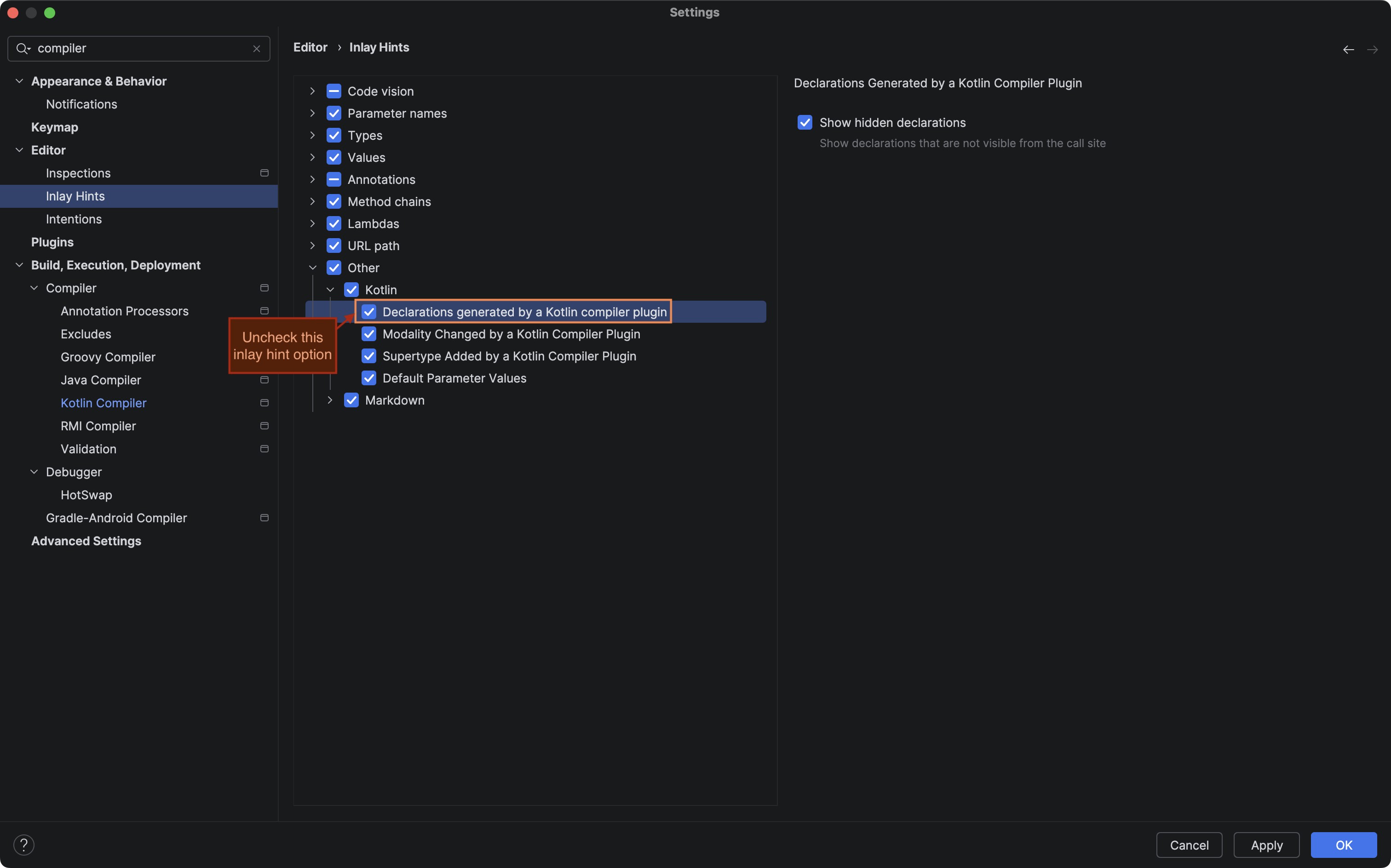 显示 Android Studio 设置窗口中相关内嵵提示部分被高亮显示的截图
