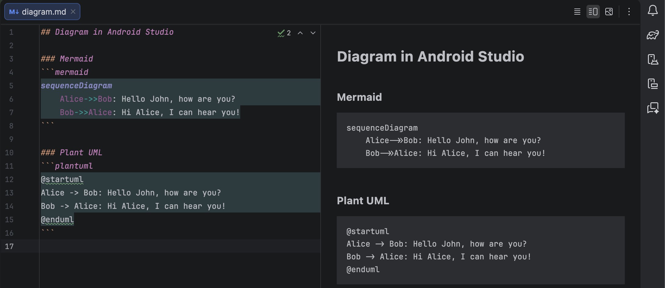 在 Android Studio 中使用 Mermaid 与 PlantUML 的 Markdown