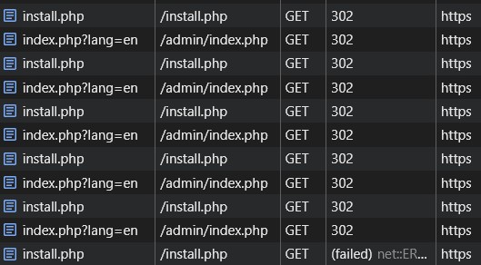 Google 开发者工具中显示 install.php 与 admin/index.php 之间重定向的图片