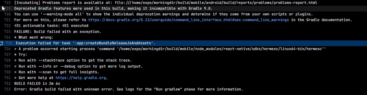 build errors from the expo build command for android apk