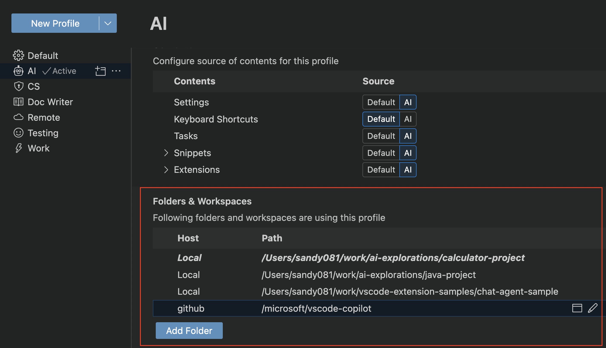 Automatically switch between profiles based on folders