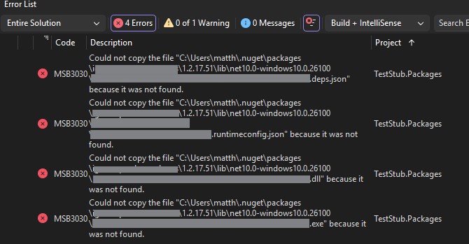 构建错误,针对使用 NuGet 包的项目。