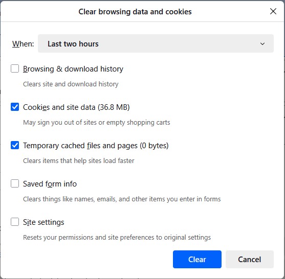 Clear Data dialog in Firefox