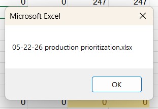 LastPriority 变量截图。消息框处于活动状态,用来验证 VBA 是否获取了用于该变量的正确文件。