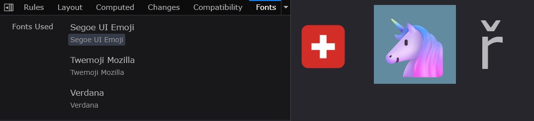 Firefox 开发者工具字体面板处于激活状态,所选元素列出三种字体:Segoe UI Emoji(高亮)、Twemoji Mozilla、Verdana。右侧是渲染后的文档,显示三个字形:瑞士旗、独角兽(高亮)以及带抑扬符的拉丁字母“r”。