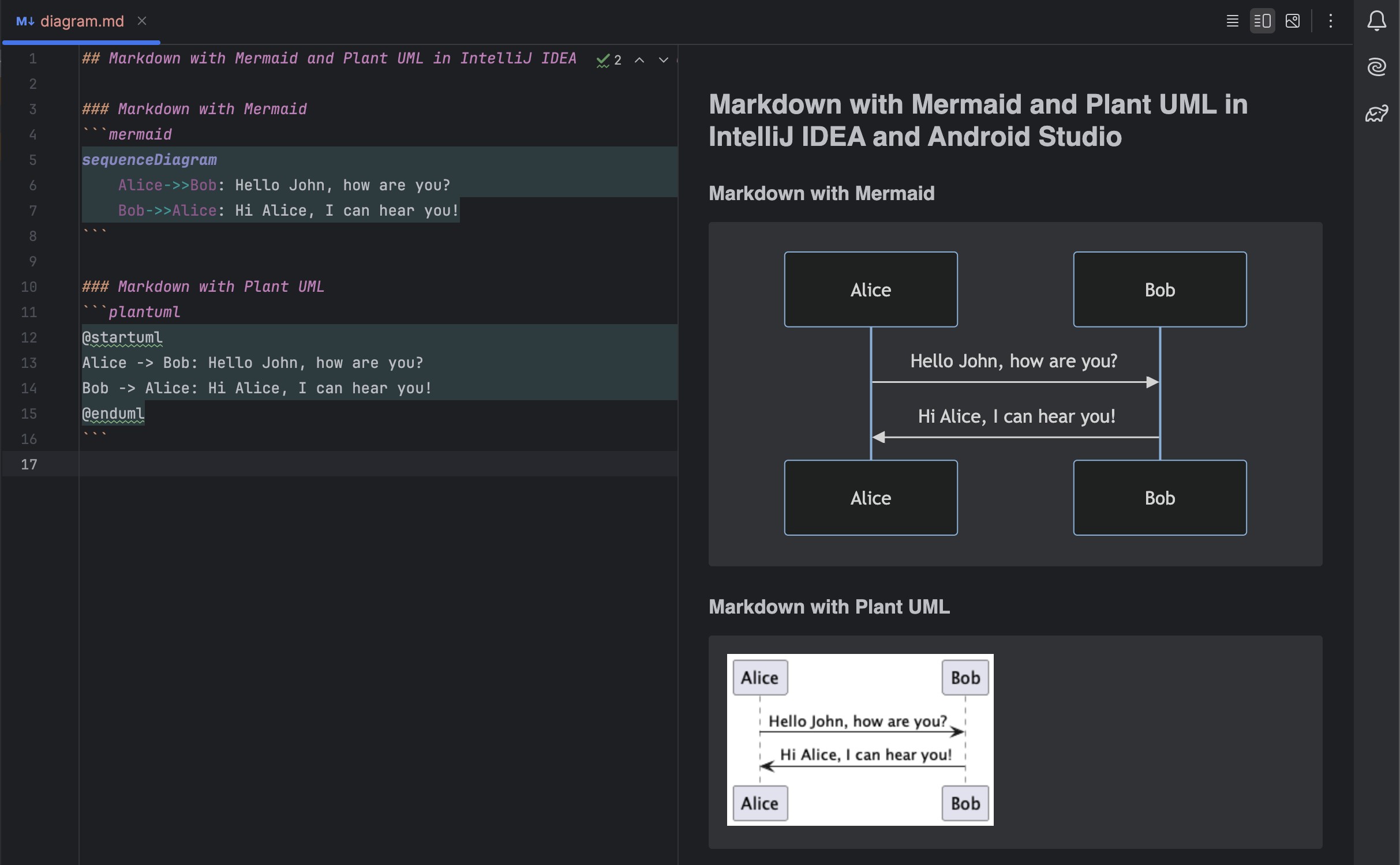 在 IntelliJ IDEA 中使用 Mermaid 与 PlantUML 的 Markdown