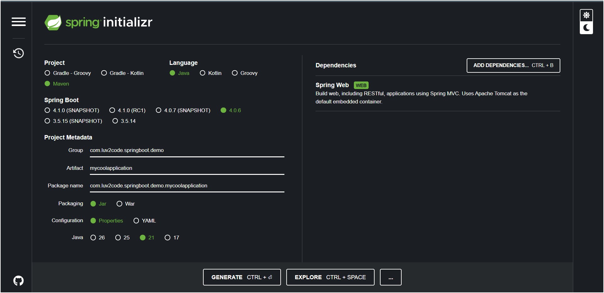 显示 Spring Boot Initializr 状态网站视图