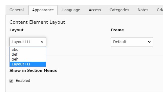 TYPO3 内容元素的外观选项卡,显示 Layout 下拉菜单