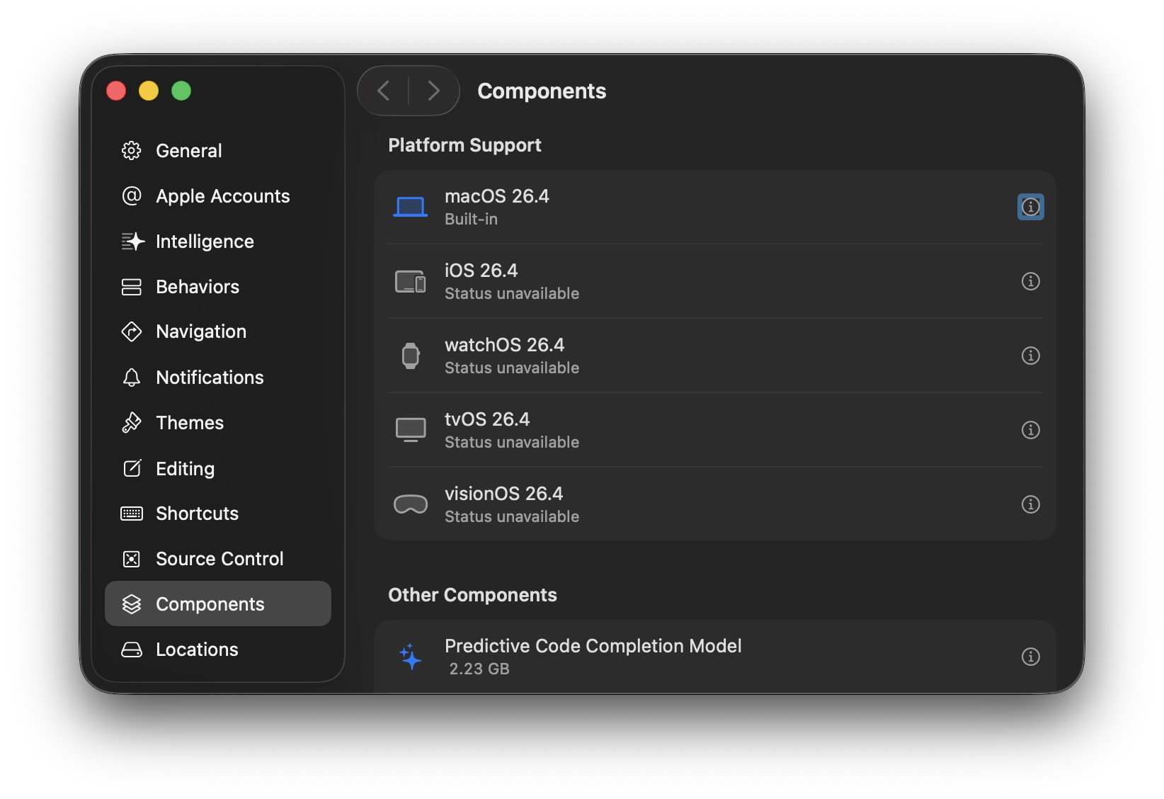 Xcode 组件平台支持截图，显示每个平台的状态为“不可用”